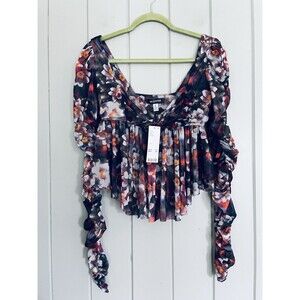 NWT Urban Outfitters Carried Away Top L Large Mesh Long Sleeve Floral Y2K Baby
